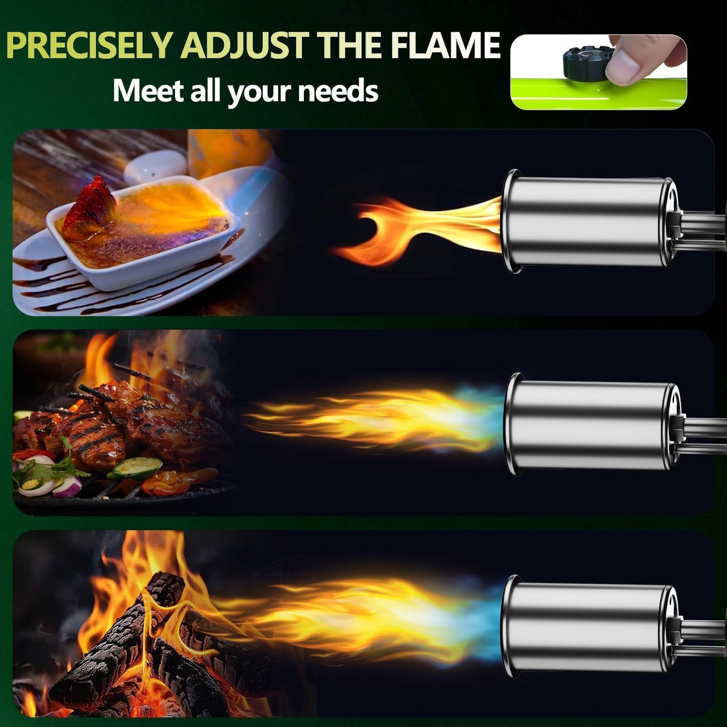 One-touch propane torch with adjustable flame control for charcoal, campfires, BBQ, and outdoor cooking