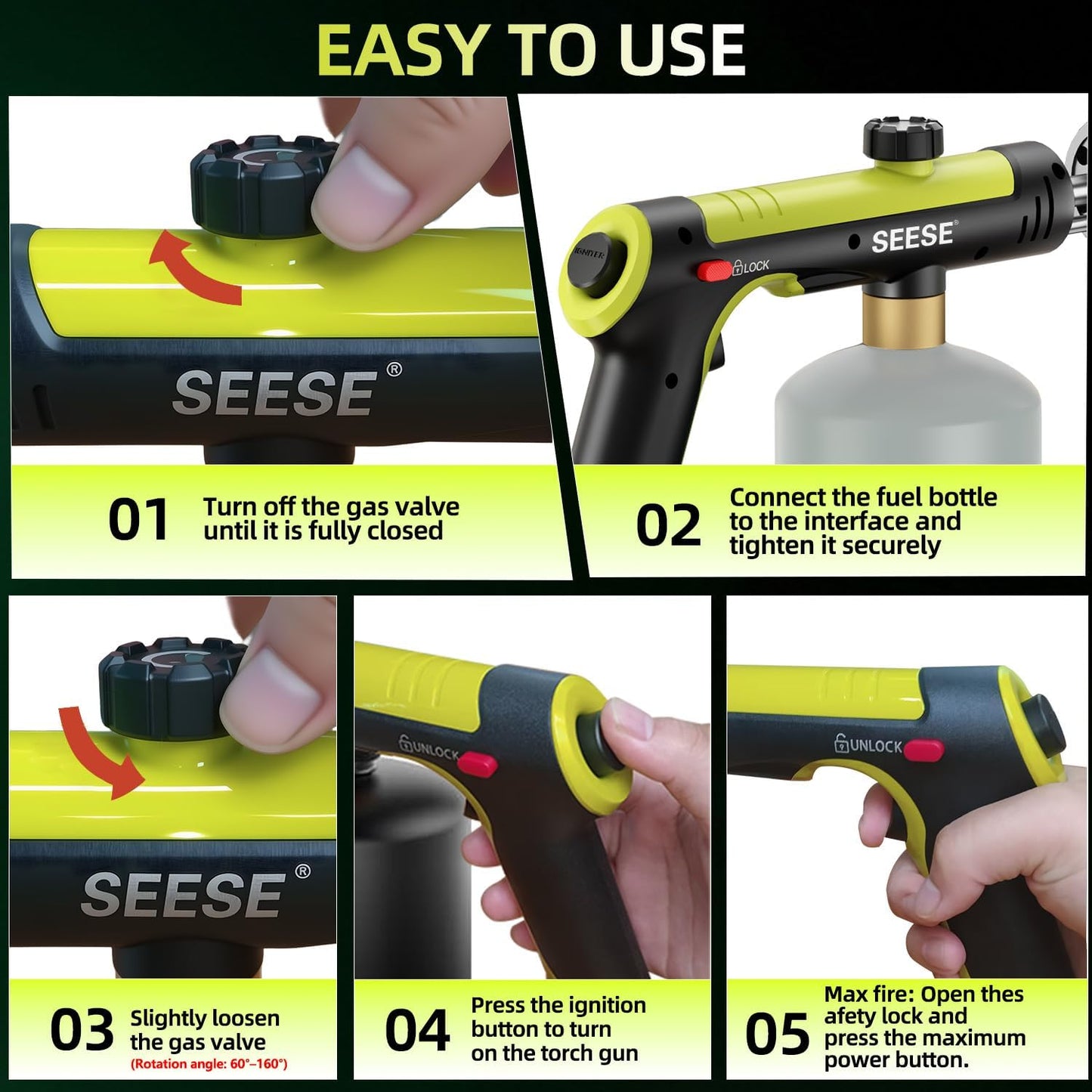 One-touch propane torch with adjustable flame control for charcoal, campfires, BBQ, and outdoor cooking