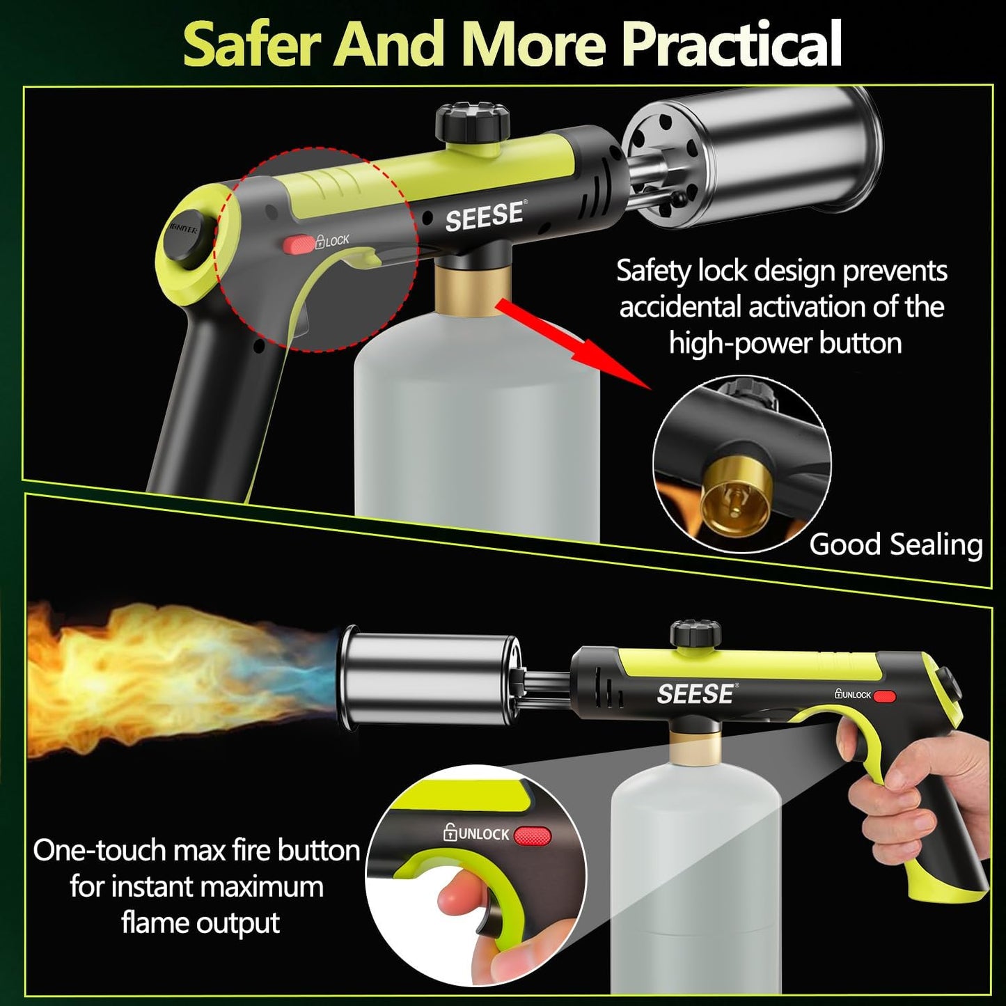 One-touch propane torch with adjustable flame control for charcoal, campfires, BBQ, and outdoor cooking